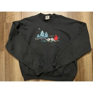 Winona Sweatshirt  2XL Black Embroidered Cardinal Birds Winter Crewneck Snow